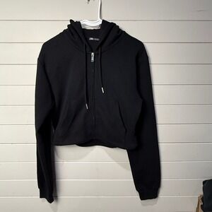 Zara Black Cropped Zip Up Hoodie Sweatshirt Womens Size Medium